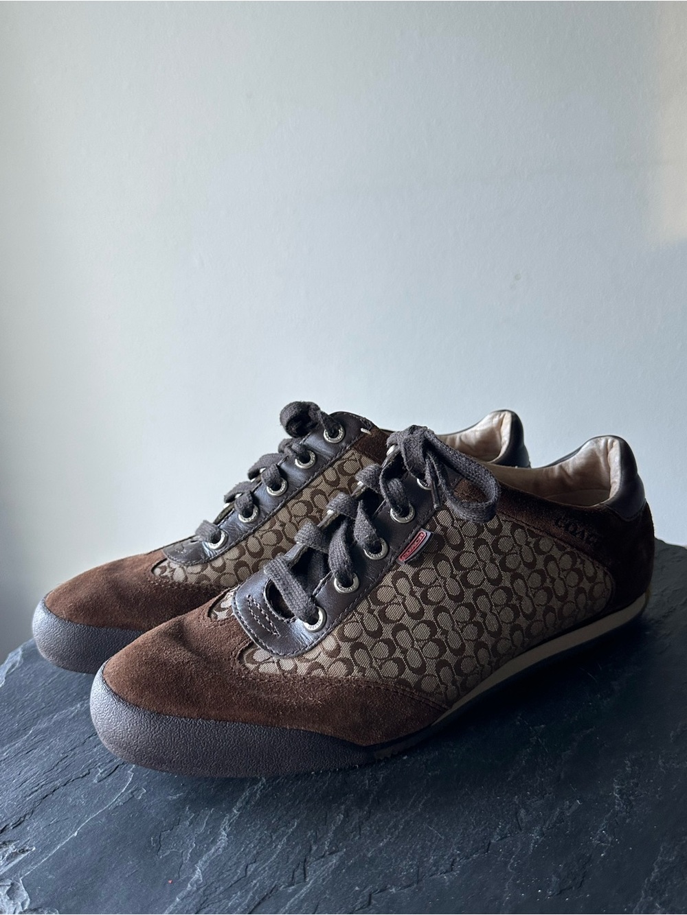 COACH Marcy Brown Signature Monogram Suede Jacquard Sneakers - Size 9M